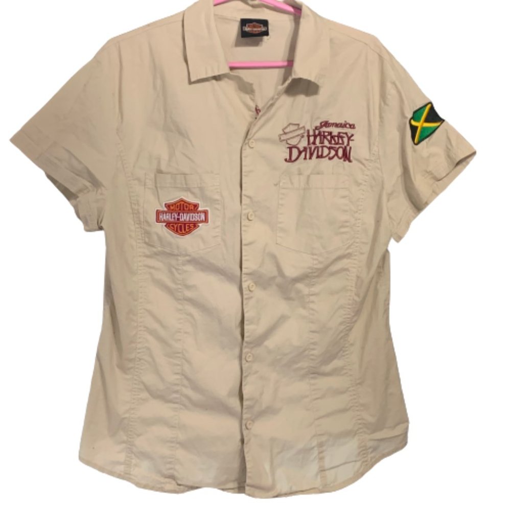Harley Davidson Jamaica Embroidered Short Sleeve Button Front Shirt Tan Size L